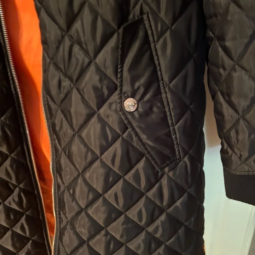 BCBGeneration Black Quilted Jacket with Vibrant Orange Lining Size large